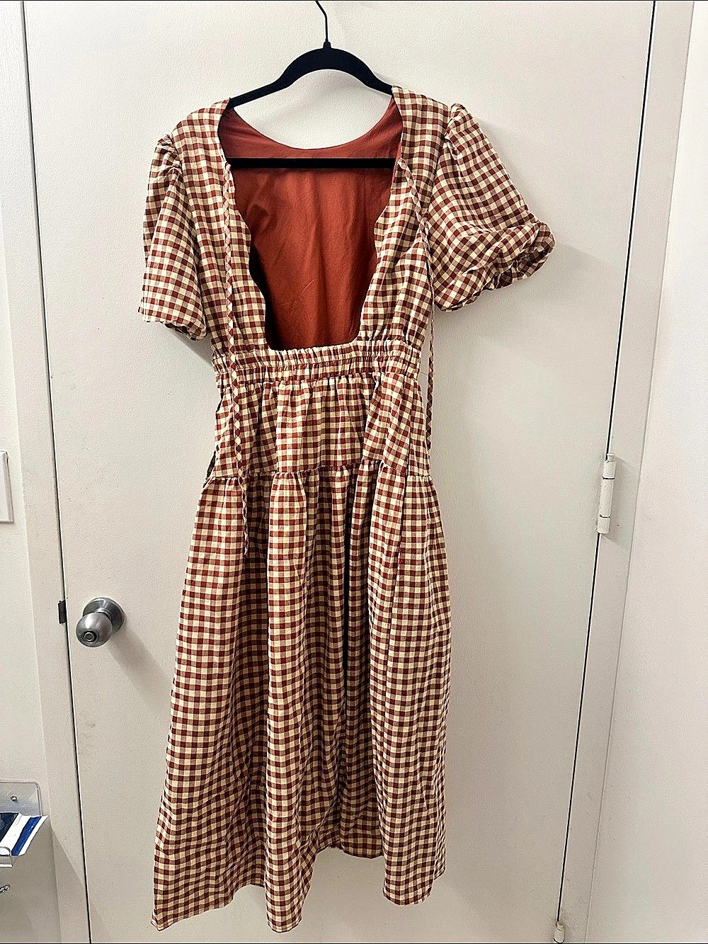 En Saison Gingham Puff Sleeve Midi Dress in brown & Cream Size XS  ‌ - Picture 3 of 6